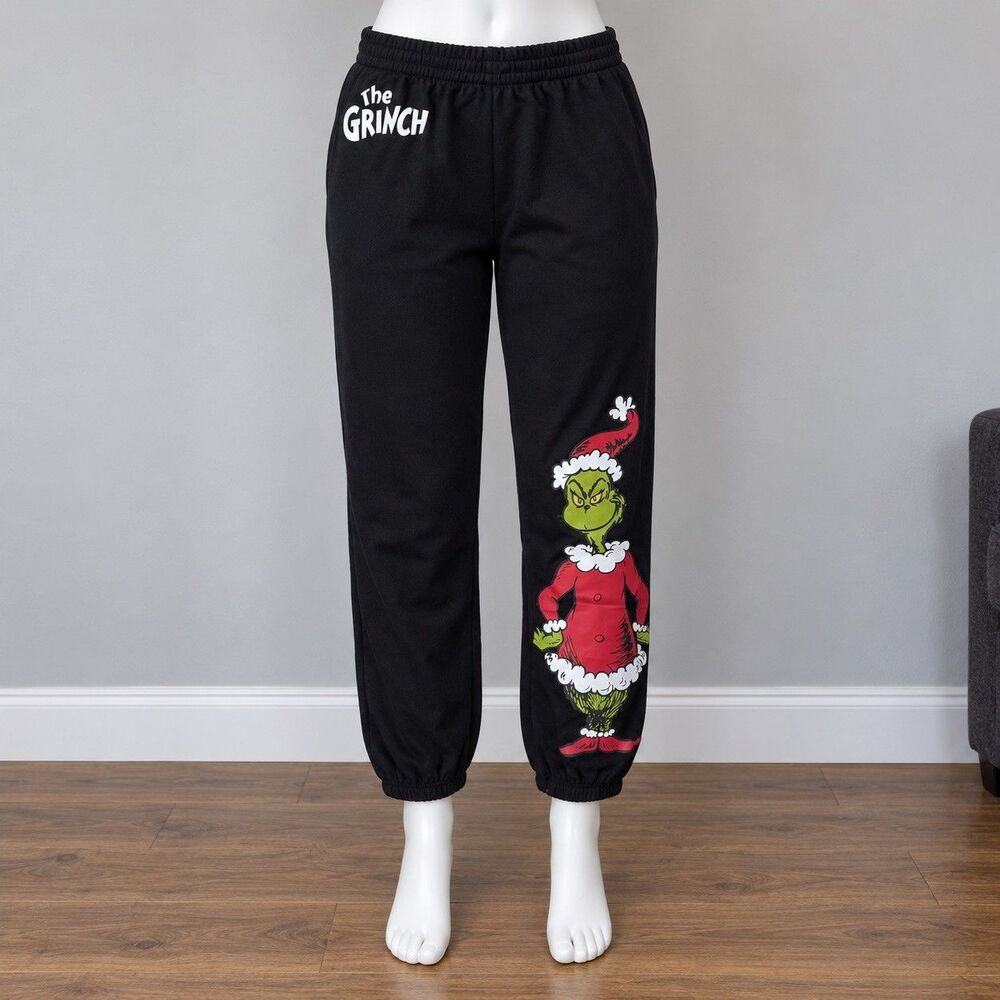 Dr Seuss The Grinch Christmas Sweatpants Black Santa Graphic Joggers Holiday
